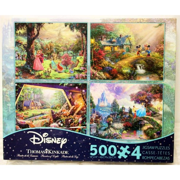 New Disney Thomas Kinkade Puzzles Set 4 Cinderella Mickey Minnie Dwarfs Aurora - Picture 1 of 10